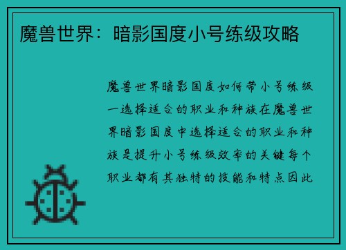 魔兽世界：暗影国度小号练级攻略