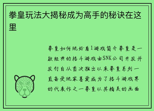 拳皇玩法大揭秘成为高手的秘诀在这里